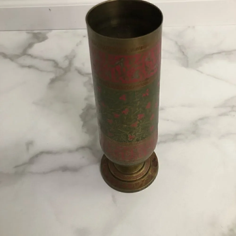 Vintage Etched Enamel Brass Footed Urn/Vase Red and Green Floral - Picture 4 of 10